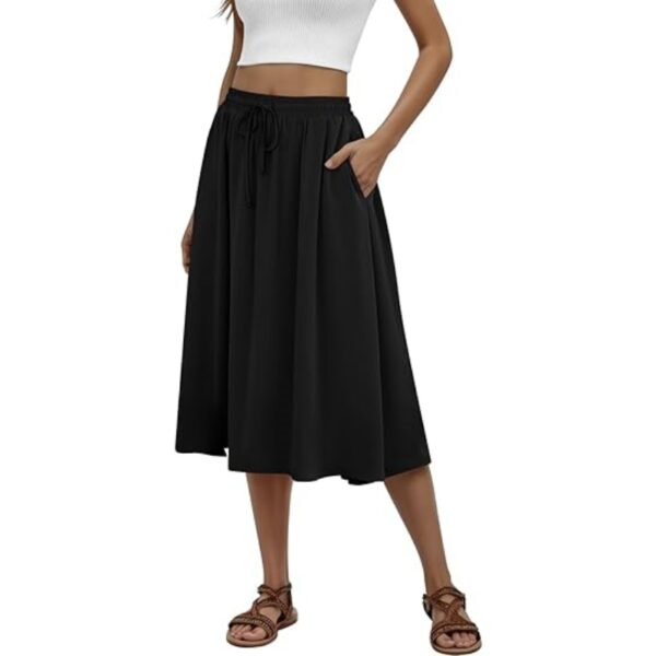 Women's Pleated Elastic High Waist Midi Skirt with Pockets