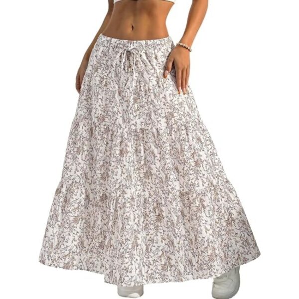 Women's Boho Flowy White High Waist Maxi Skirt with Ruffle & Elastic Waist
