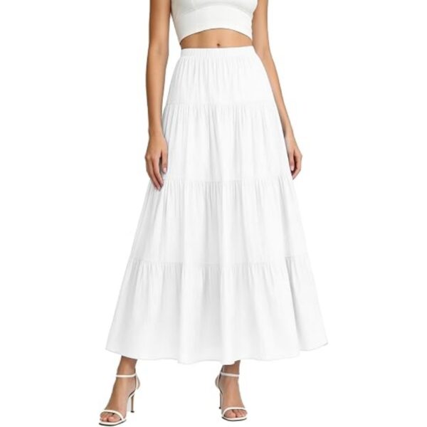 Women's White Boho High Waist Maxi Skirt, Pleated Tiered A‑Line